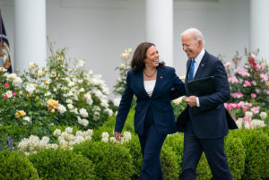 President Joe Biden, joined by Vice President Kamala Harris, after delivering remarks on the CDC’s updated guidance on mask wearing for vaccinated individuals Thursday, May 13, 2021, in the Rose Garden of the White House. (Official White House Photo by Adam Schultz)