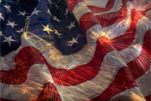 American Flag, flying fireworks and Constitution montage
