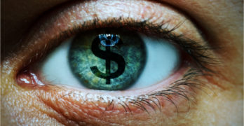 Closeup image of a man with a dollar symbol in his eye