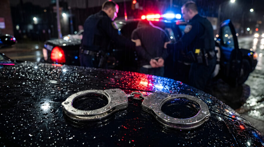 Police arrest a man for committing a crime, putting him into the back of a squad car.